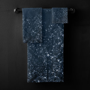 Glimmery Navy Grunge Dark Sapphire Blue Damask Bath Towel Set