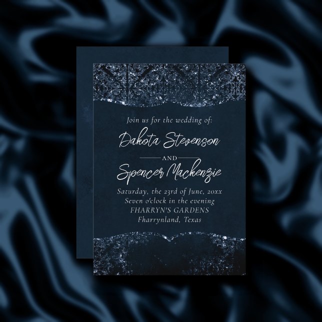 Glimmery Navy Grunge | Dark Sapphire Blue Damask Invitation (Creator Uploaded)