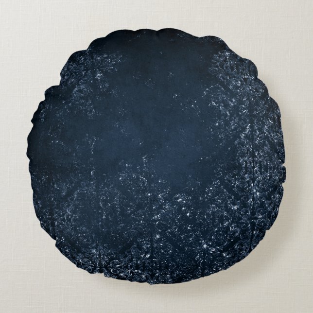 Glimmery Navy Grunge | Dark Sapphire Blue Damask Round Pillow (Front)