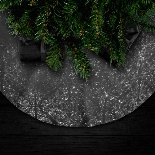 Glimmery Onyx Grunge  Black Silver Glam Damask Brushed Polyester Tree Skirt