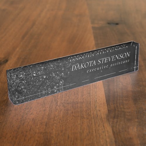 Glimmery Onyx Grunge  Black Silver Glam Damask Desk Name Plate