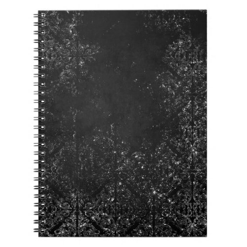 Glimmery Onyx Grunge  Black Silver Glam Damask Notebook