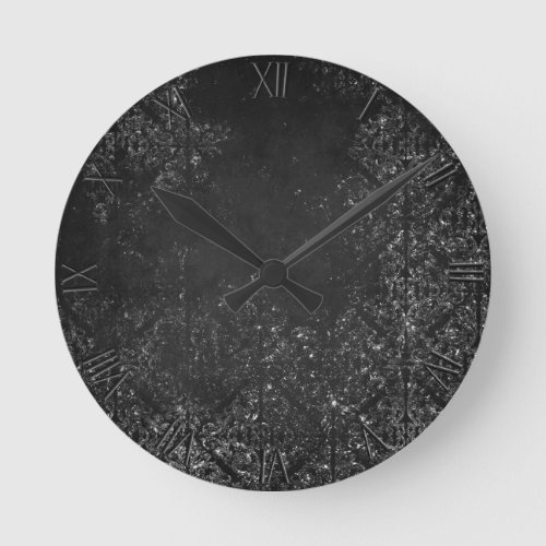 Glimmery Onyx Grunge  Black Silver Glam Damask Round Clock