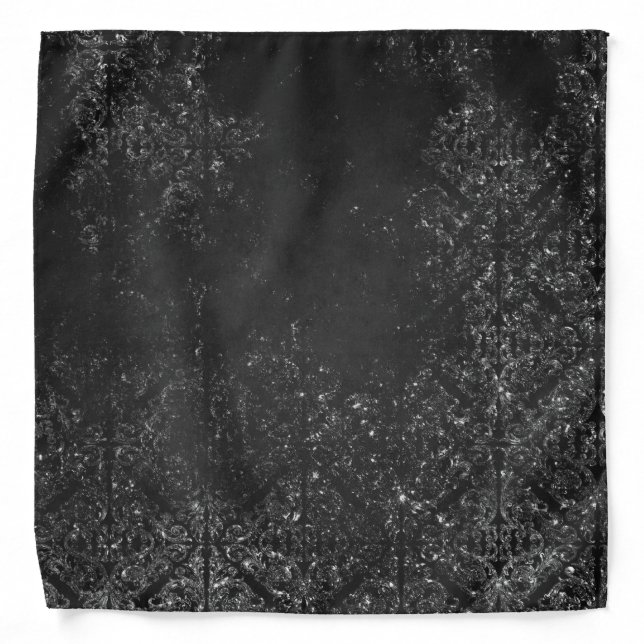 Glimmery Onyx Grunge | Silvery Black Glam Damask Bandana (Front)