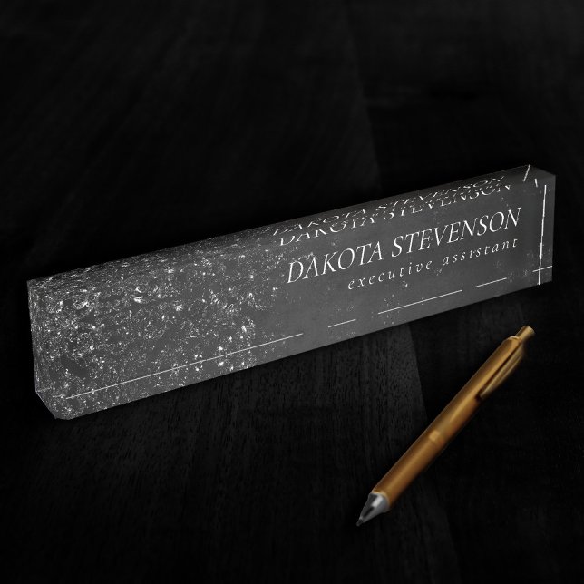 Glimmery Onyx Grunge | Silvery Black Glam Damask Desk Name Plate (Creator Uploaded)