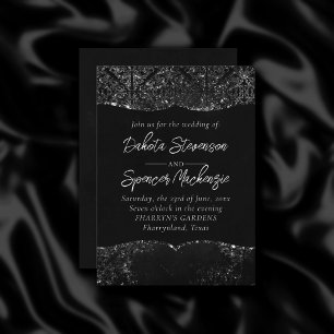Glimmery Onyx Grunge Silvery Black Glam Damask Invitation