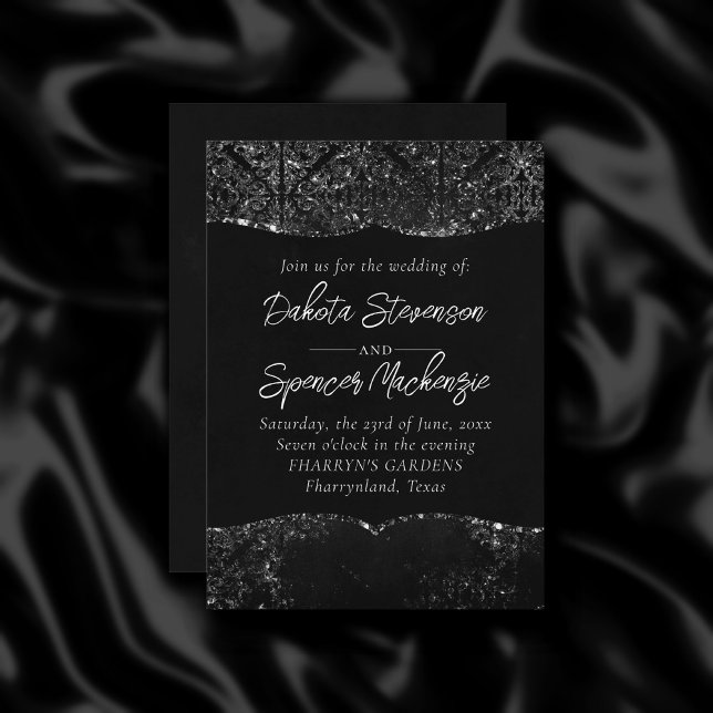 Glimmery Onyx Grunge | Silvery Black Glam Damask Invitation (Creator Uploaded)