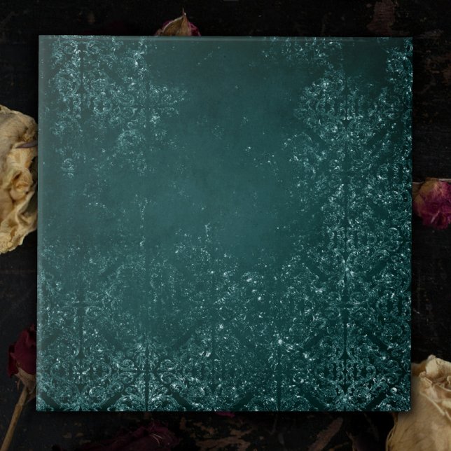 Glimmery Teal Grunge | Rich Dark Green Glam Damask Ceramic Tile (Creator Uploaded)
