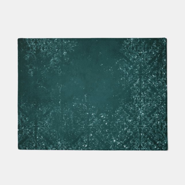 Glimmery Teal Grunge | Rich Dark Green Glam Damask Doormat (Front)