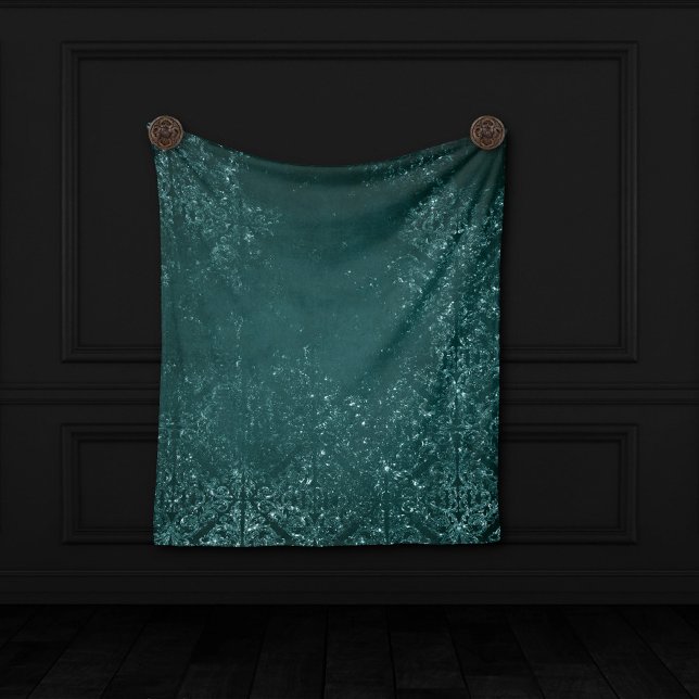 Glimmery Teal Grunge | Rich Dark Green Glam Damask Fleece Blanket (Creator Uploaded)