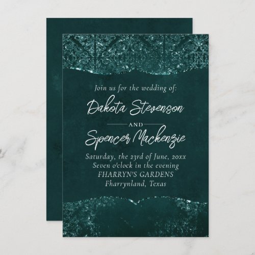 Glimmery Teal Grunge  Rich Dark Green Glam Damask Invitation