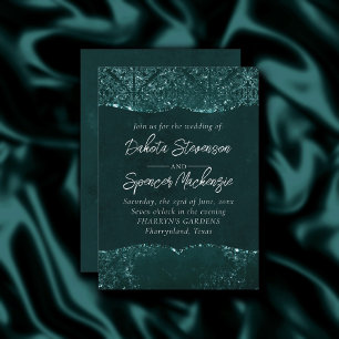 Glimmery Teal Grunge Rich Dark Green Glam Damask Invitation