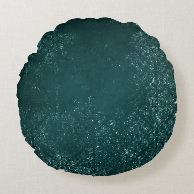Glimmery Teal Grunge | Rich Dark Green Glam Damask Round Pillow (Front)