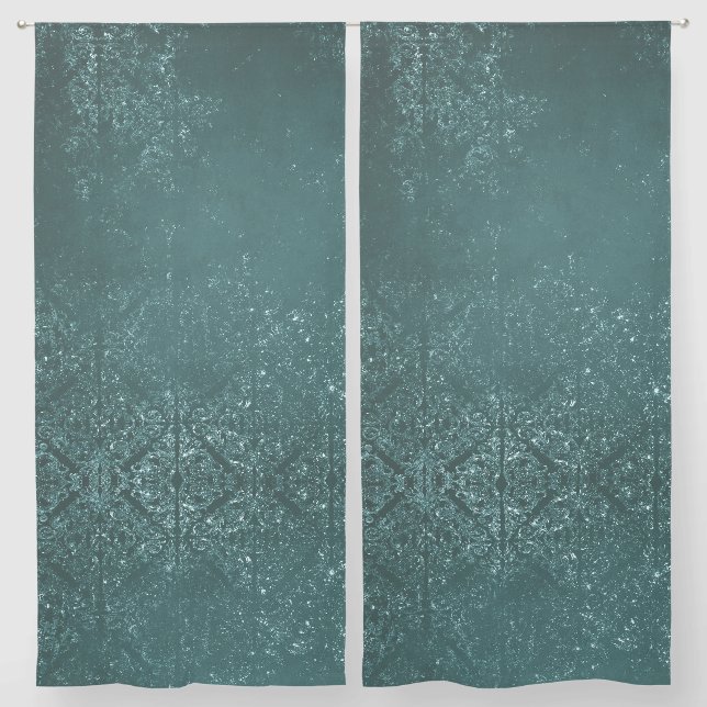 Glimmery Teal Grunge | Rich Dark Green Glam Damask Sheer Curtains (Pair)