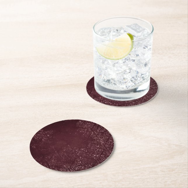 Glimmery Wine Grunge | Sangria Bordeaux Damask Round Paper Coaster (Insitu)