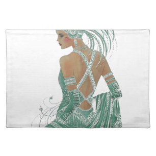 Glimpse of Elegance: Green Backless Dress Design Cloth Placemat