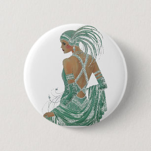 Glimpse of Elegance: Green Backless Dress Design Pinback Button