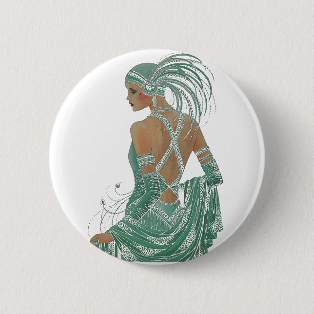 Glimpse of Elegance: Green Backless Dress Design Pinback Button (Front)