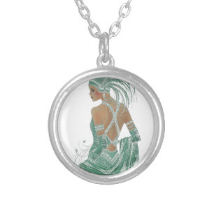 Glimpse of Elegance: Green Backless Dress Design Silver Plated Necklace
