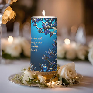 Glistening Blue With Gold Customizable Bible Verse Pillar Candle