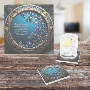 Glistening Blue With Gold Customizable Bible Verse Stone Coaster