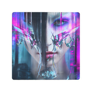 Glitch Cyberpunk Face Neon Distortion Portrait Metal Print