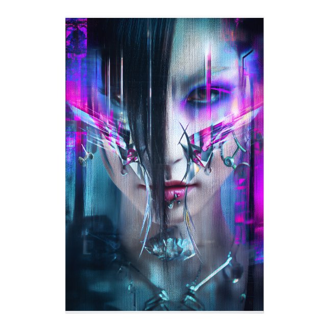 Glitch Cyberpunk Face Neon Distortion Portrait Photo Print (Front)