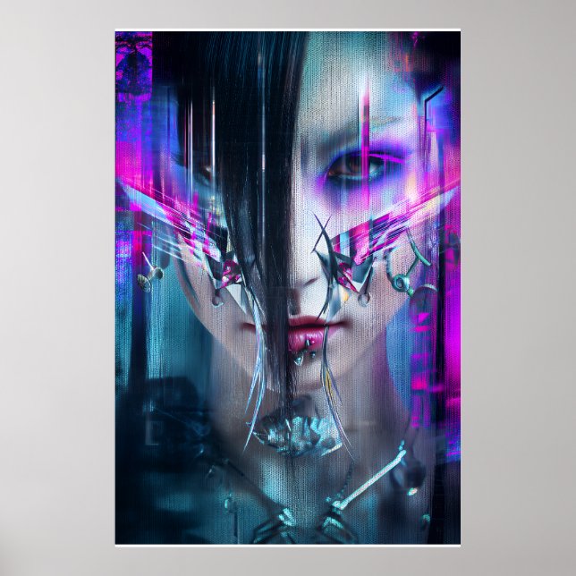 Glitch Cyberpunk Face Neon Distortion Portrait Poster (Front)
