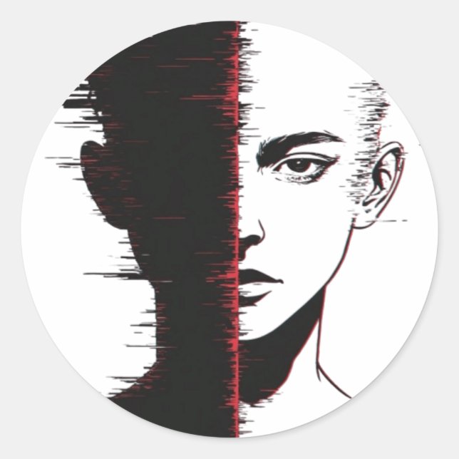 Glitch Face Design – Cyberpunk Split Identity Art Classic Round Sticker (Front)