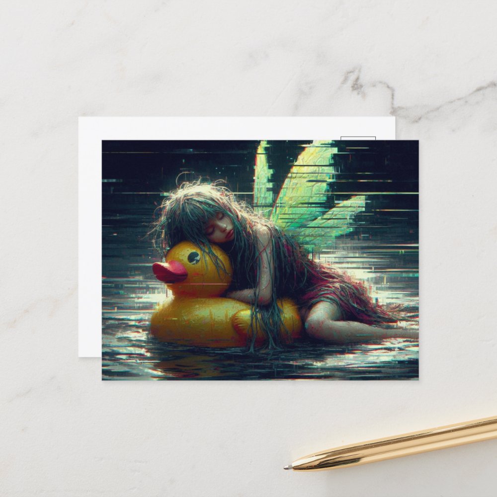 Glitch Fairy asleep on a duck pool float Postcard