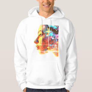 Glitch in Cyborg Woman on a Cozy Long Sleeve White Hoodie