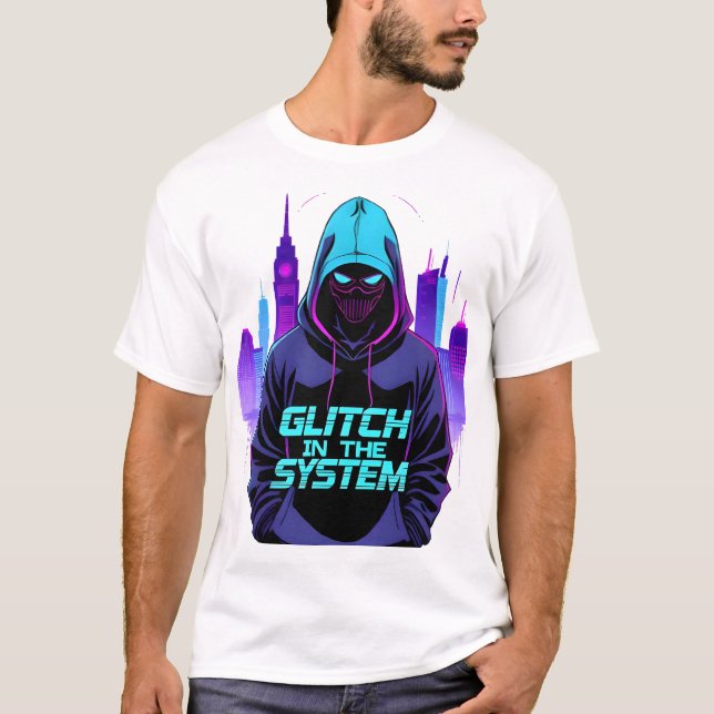 Glitch in the System Cyberpunk Hacker Neon T-Shirt (Front)