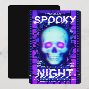 Glitch Neon Skull Spooky Night Halloween Party Invitation