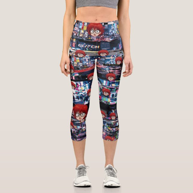 Glitch Retro Anime  Capri Leggings (Front)