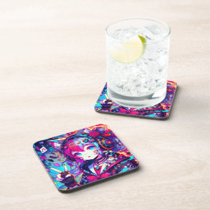 Glitchcore Colorful Anime Girl Artwork Beverage Coaster