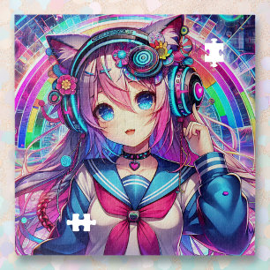 Glitchcore Colorful Anime Girl Artwork Jigsaw Puzzle