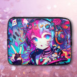 Glitchcore Colorful Anime Girl Artwork  Laptop Sleeve<br><div class="desc">Anime glitchcore girl giving a peace sign with headphones,  musical notes and fox ears colorful purple,  pink,  blue and black ai art.</div>
