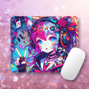 Glitchcore Colorful Anime Girl Artwork Mouse Pad