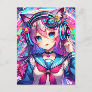Glitchcore Colorful Anime Girl Artwork Postcard