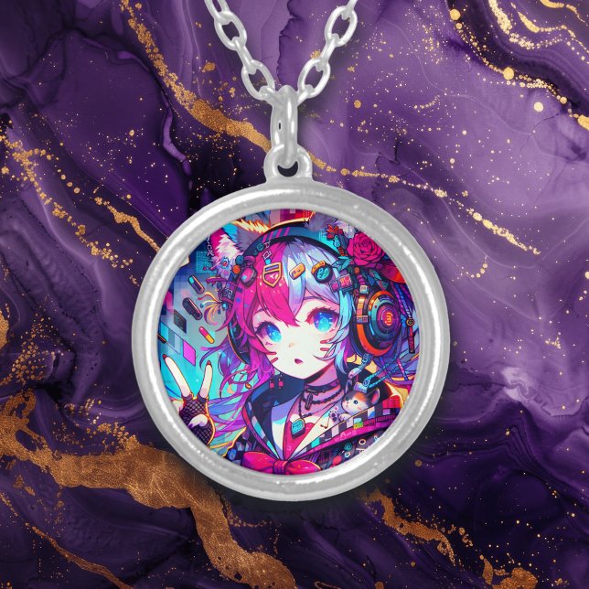 Glitchcore Colorful Anime Girl Artwork  Silver Plated Necklace (Creator Uploaded)
