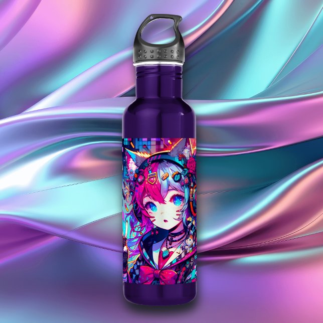 Glitchcore Colorful Anime Girl Artwork  Stainless Steel Water Bottle (Creator Uploaded)