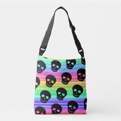 Glitchcore Rainbow Goth Black Skulls Crossbody Bag