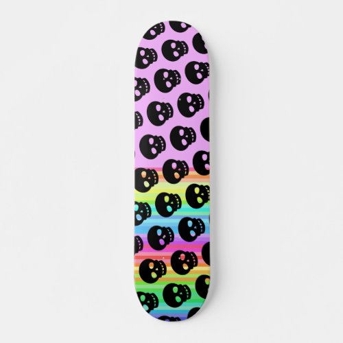 Glitchcore Rainbow Lilac Goth Black Skulls Pattern Skateboard