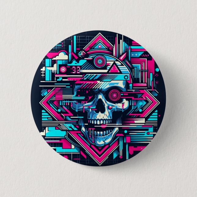 Glitched Out Skull Cyberpunk Button (Front)