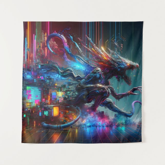 Glitching Creature Emerging from TV Screen Tapestry (Front)