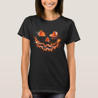 Glitchy Neon Jack O Lantern Cyberpunk Halloween T-Shirt