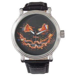 Glitchy Neon Jack O Lantern Cyberpunk Halloween Watch