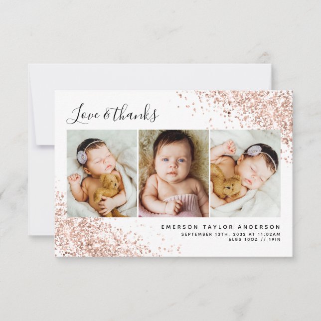 Glitter 3 Photo Collage New Baby  Thank You Card (Front)