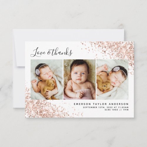 Glitter 3 Photo Collage New Baby  Thank You Card
