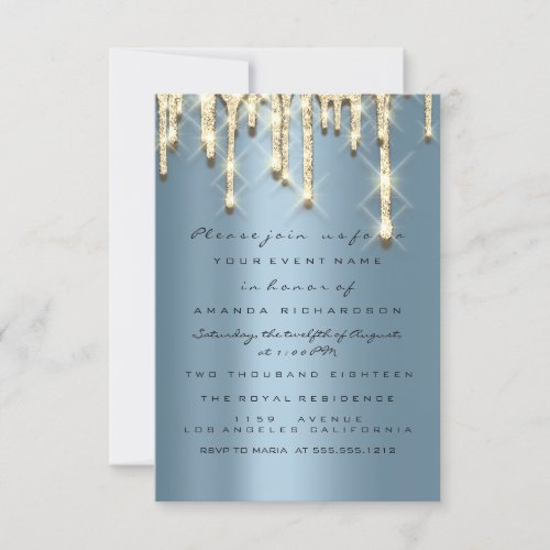 Glitter 3D Bridal Shower Sweet 16th Gold Blue Invitation